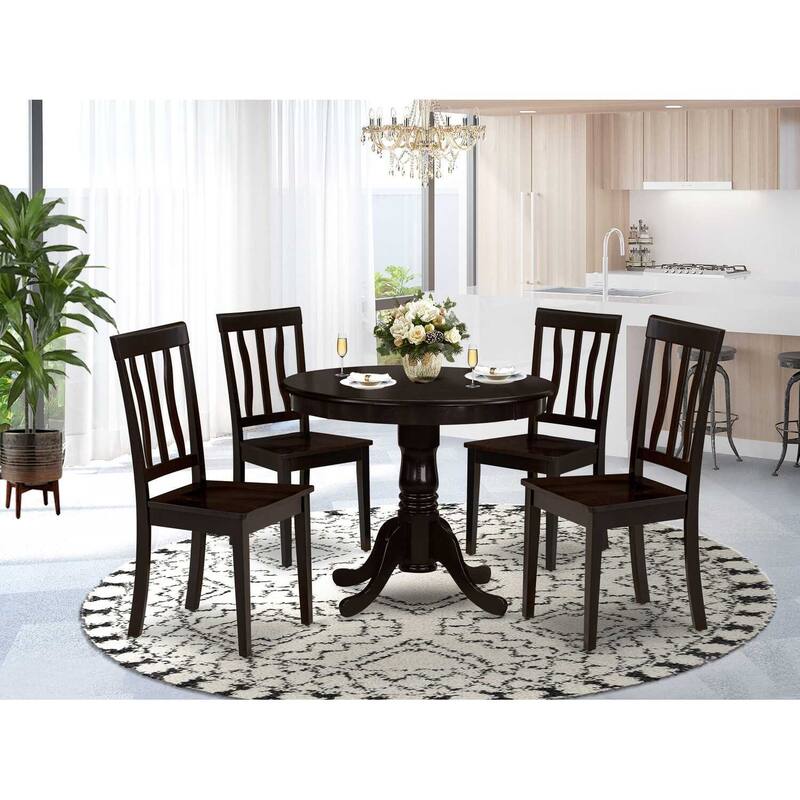 5-Piece Round Cappuccino Finish Solid Wood Top Dining table with 4 Chairs with
