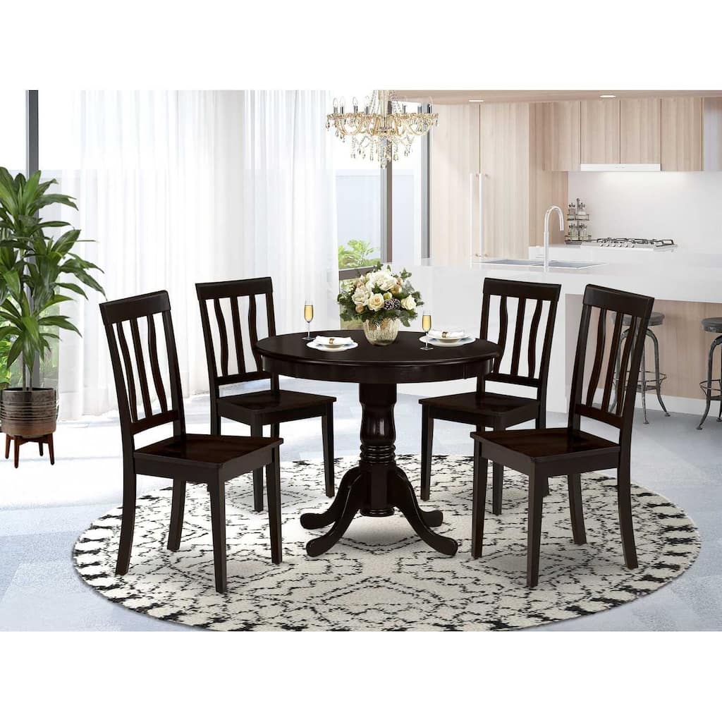 5-Piece Round Cappuccino Finish Solid Wood Top Dining table with 4 Chairs with