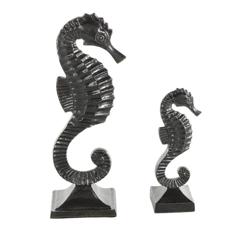 Aluminum Metal Sea Horse Decorative Sculpture with Square Bases - Set of 2 Black - Roche River Decor