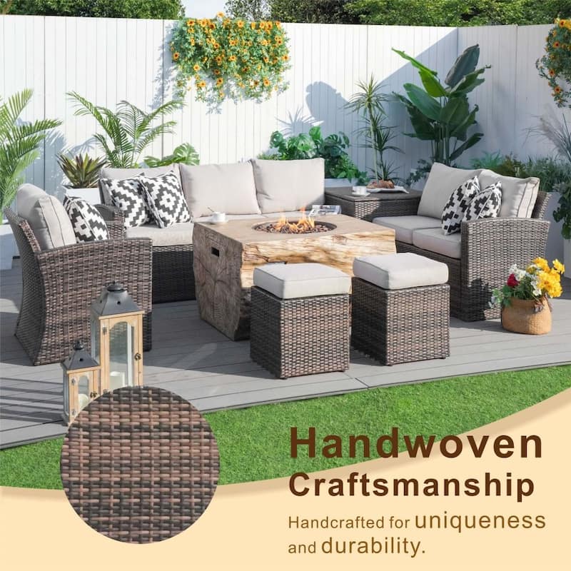 7-piece Patio Wicker Garden Chat Sofa Set with Fire Pit Table and Storage Box