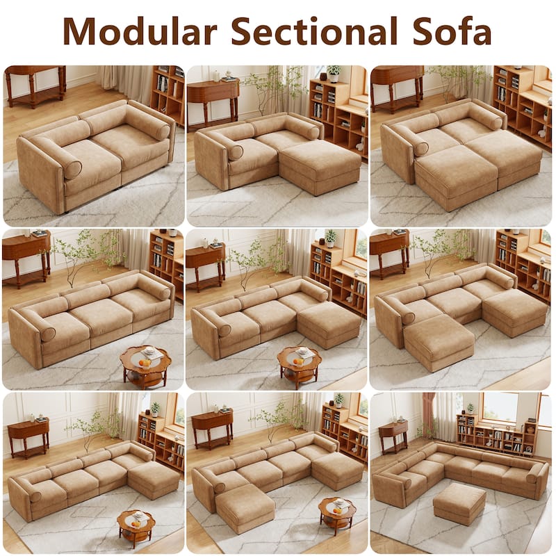 142.5" Oversized Modular Chenille Sectional Sofa with Storage Seat, Modern Upholstered Couch with Cylindrical Backrest, Armrests