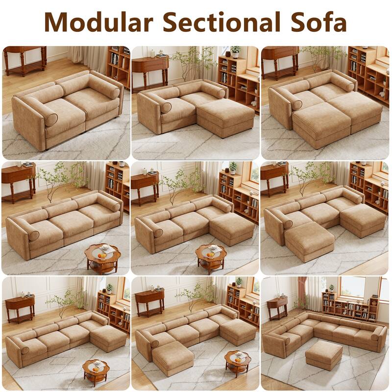 Chenille L-Shaped Sofa with Storage, 3-Seater Couch with Ottoman, Cylindrical Backrests & Armrests, Modern Modular Sofa