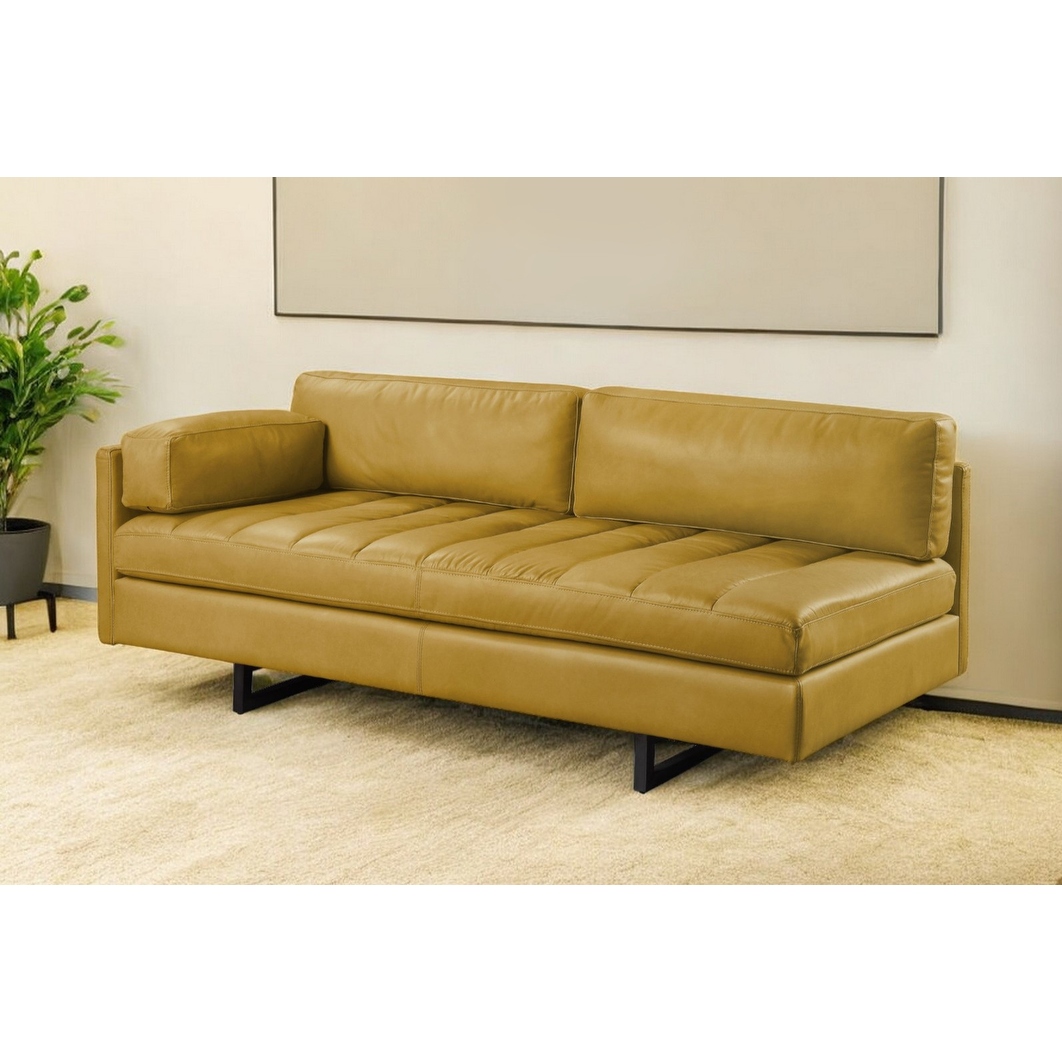 Homeroots 74 Mustard Top Grain Leather Sofa with Black Legs 74