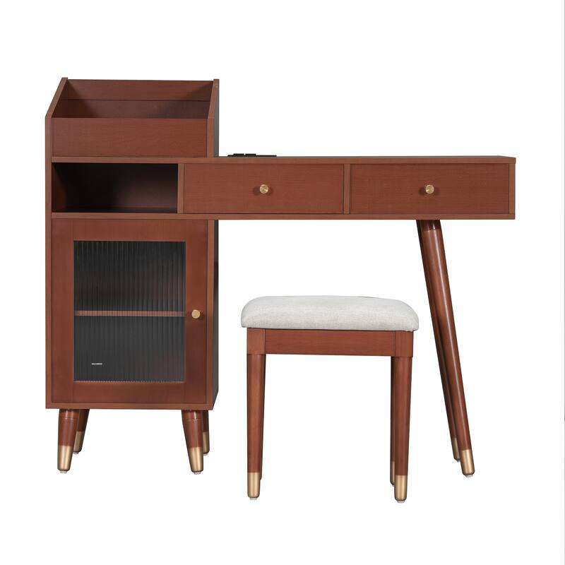 Space-saving Makeup Vanity Desk with Outlets and USB Ports, Bedroom Dressing Table Set with Stool