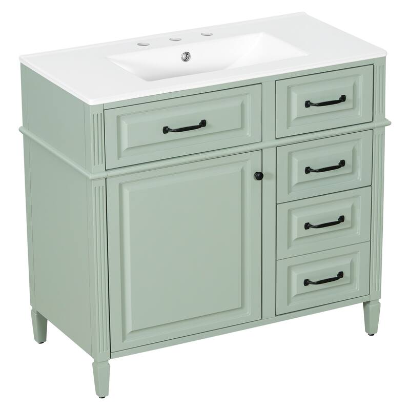 Roomfitters 36" Bathroom Vanity with Sink, Solid Wood Legs, 4 Drawers & Soft-Close Door with Storage Rack