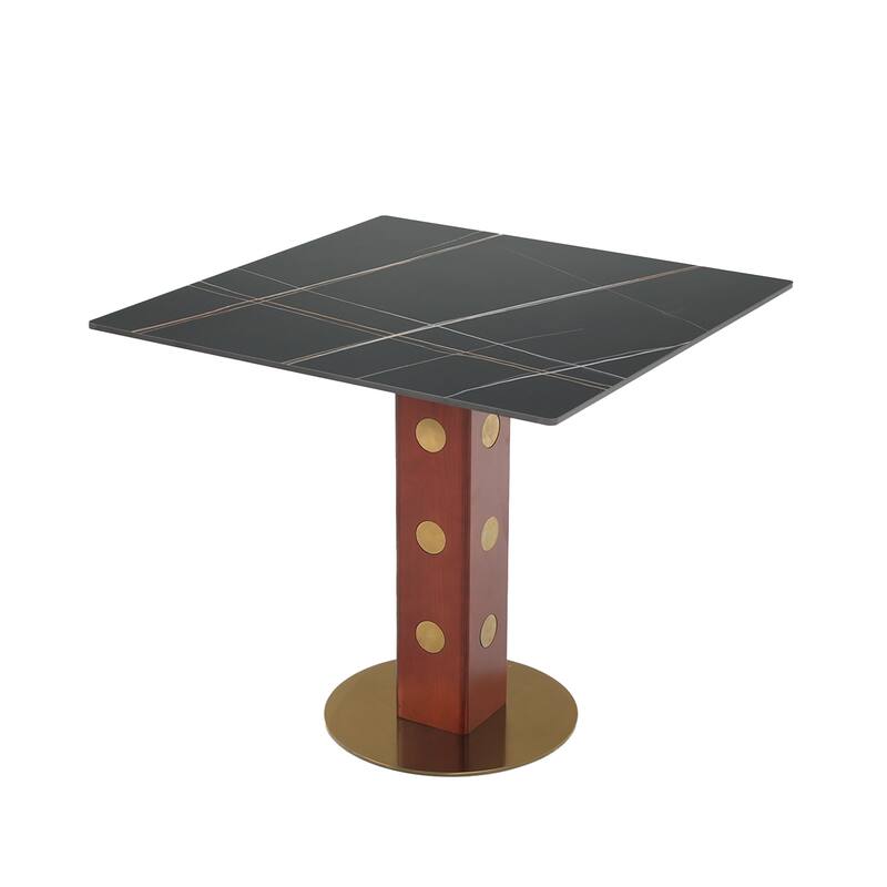 Modern Square Dining Table, 33.5" Sintered Stone Table with Wooden Leg & Gold Base, 2 - Person Kitchen Table for Small Space