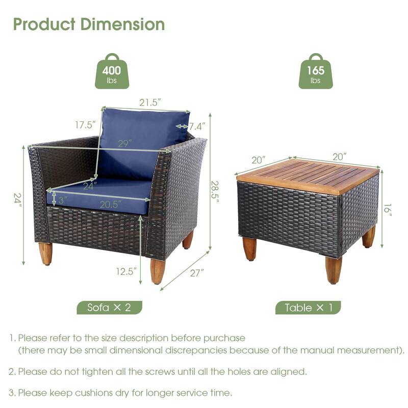Costway 3PCS Patio Wicker Rattan Sofa Set Furniture Acacia Wood