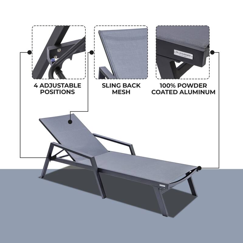 Aluminum Beach Pool Sun Lounge Chair Sling Mesh Fabric With Arms, Stackable Chaise Lounger (Set of 2) for Outdoor Backyard