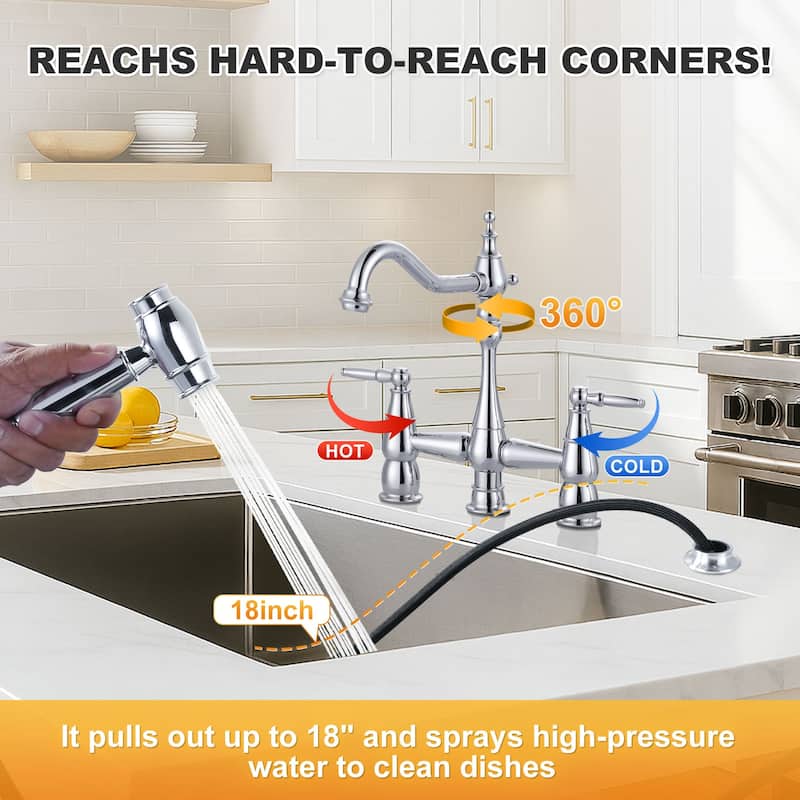 WOWOW 4 Hole Double Handle Bridge Kitchen Faucet with Side Sprayer