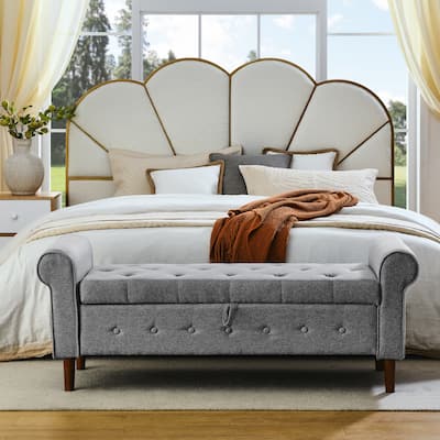 Rolled Arm Tufted Storage Bench, Modern 62" Upholstered Ottoman Window Bench with Wooden Legs for Bedroom, Entryway
