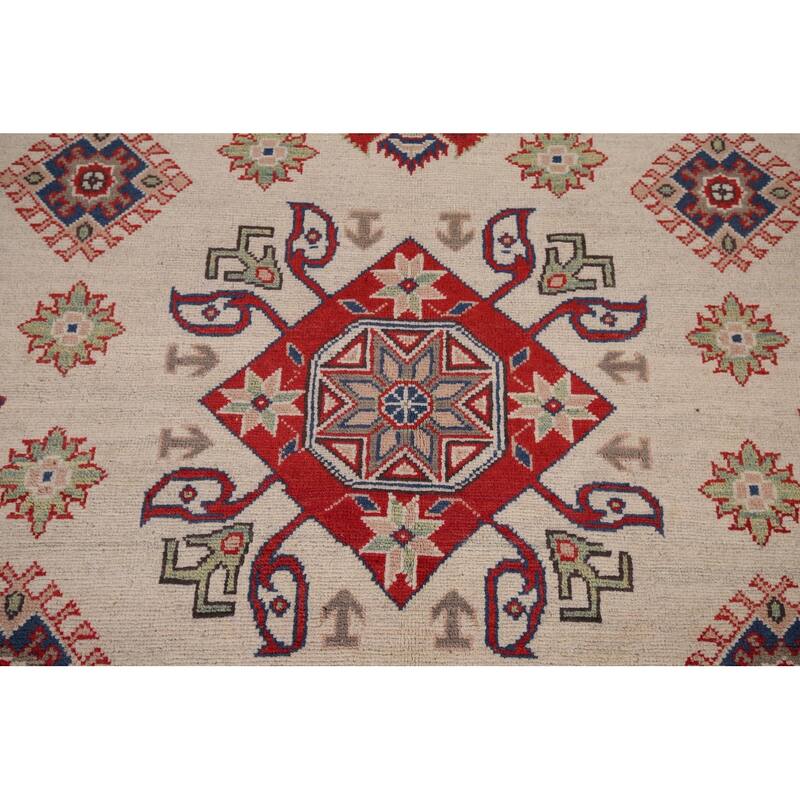 Beige / Ivory Geometric Kazak Rug Hand-Knotted Wool Carpet - 5'2" x 6'9"
