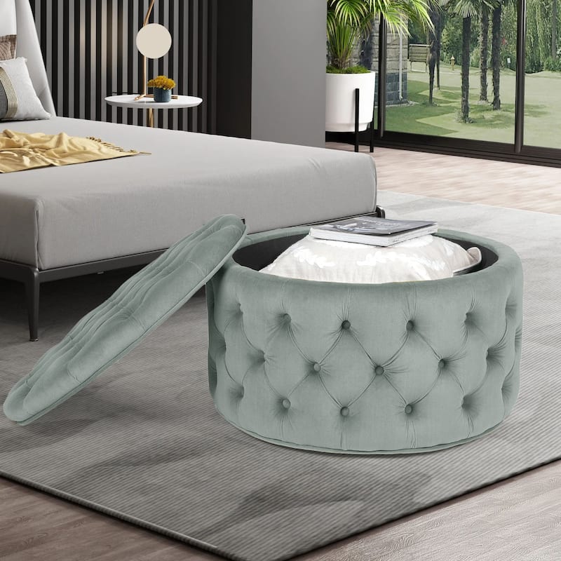 Adeco Round Velvet Button Tufted Storage Ottoman Footrest Footstool