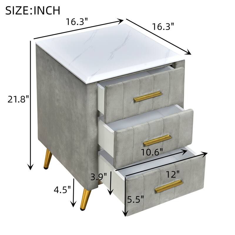 1-Piece Upholstered Velvet Nightstand with 3 Drawers and Metal Legs, Elegant Bed Side End Table with Marbling Top