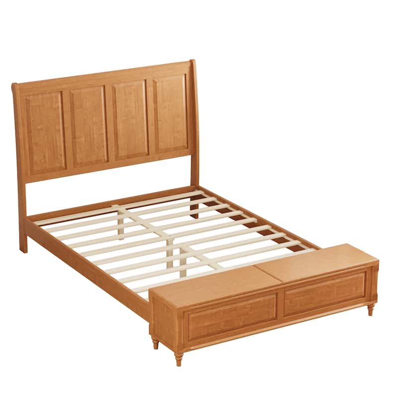 GDFStudio - Traditional Solid Wood Sleigh Bed Frame with High Paneled Headboard & Storage Chest Bench, No Box Spring Needed
