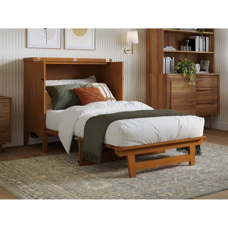 Twin Murphy Bed with Storage Chest & Charger - Solid Wood Folding Bed - Space Saving Furniture