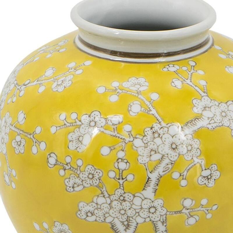 9" Yellow And White Chinoiserie Floral Porcelain Table Vase - 8.70
