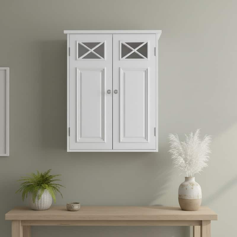 Teamson Home Dawson 2-Door White Bathroom Wall Cabinet, Removable Glass Panel, Adjustable Shelf, Cross Molding Storage