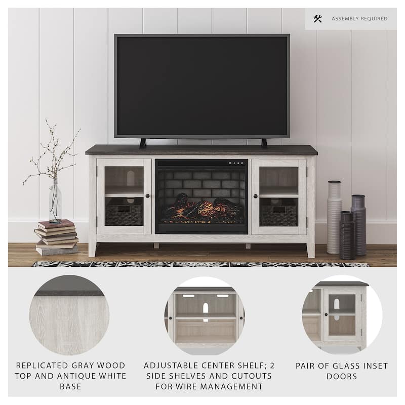 Signature Design by Ashley Dorrinson White/Gray 60" TV Stand for TVs up to 69" with Electric Fireplace - 60"W x 17.5"D x 27.75"H