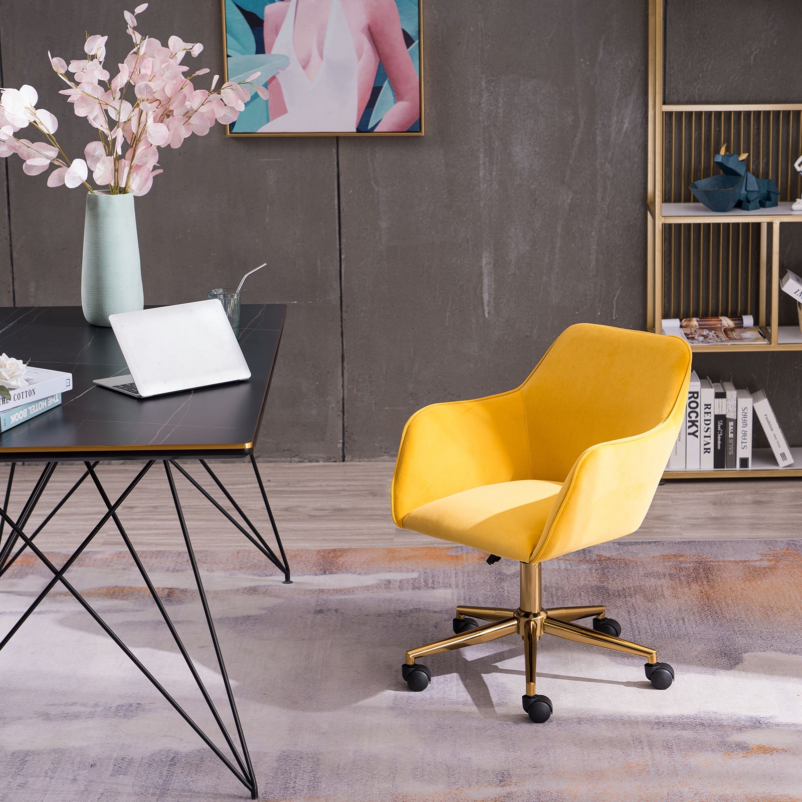 Home Computer Office Chair Yellow Swivel Revolving Wheels Modern
