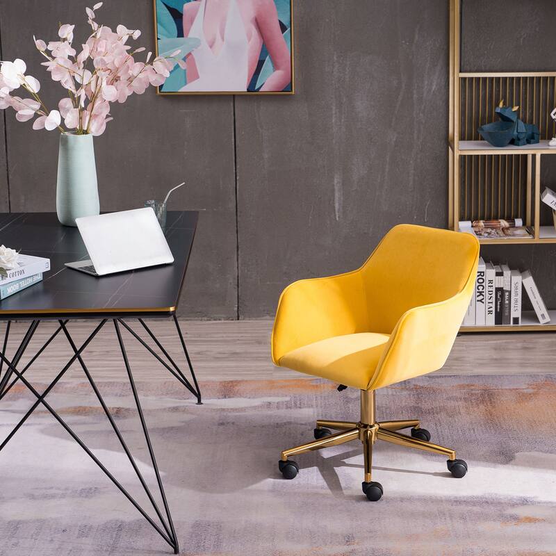 Modern Upholstered Home Office Chair with Adjustable Height & Gold Metal Legs, 360° Swivel