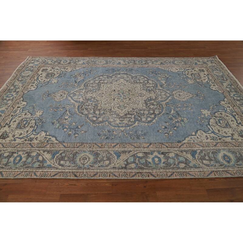 Blue Tabriz Persian Area Rug Handmade Traditional Floral Wool Carpet - 6'7"x 9'6"