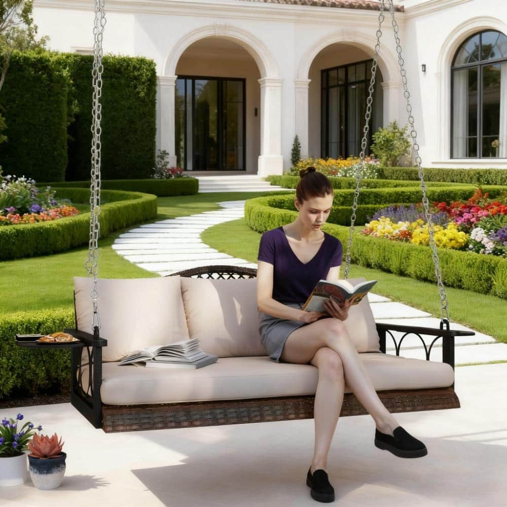 GDFStudio Outdoor Calyx Outdoor Hanging Swing with Cushions and Cup Holders