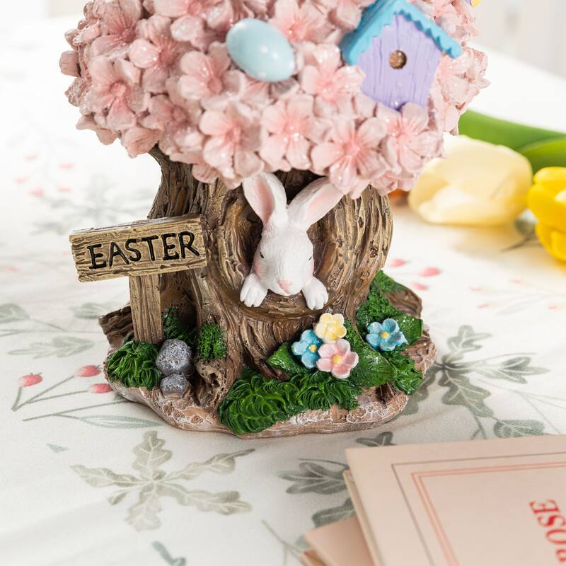 Glitzhome Easter Resin Egg Shaped House Table Decor Bunny & Pink Blossoms Figurine