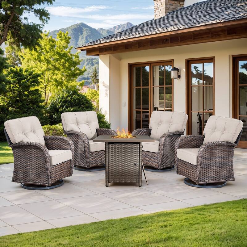 Gymojoy 5-Piece Outdoor Wicker Patio Furniture Set with 55,000 BTU Fire Pit Table, Swivel Chairs & Thick Cushions