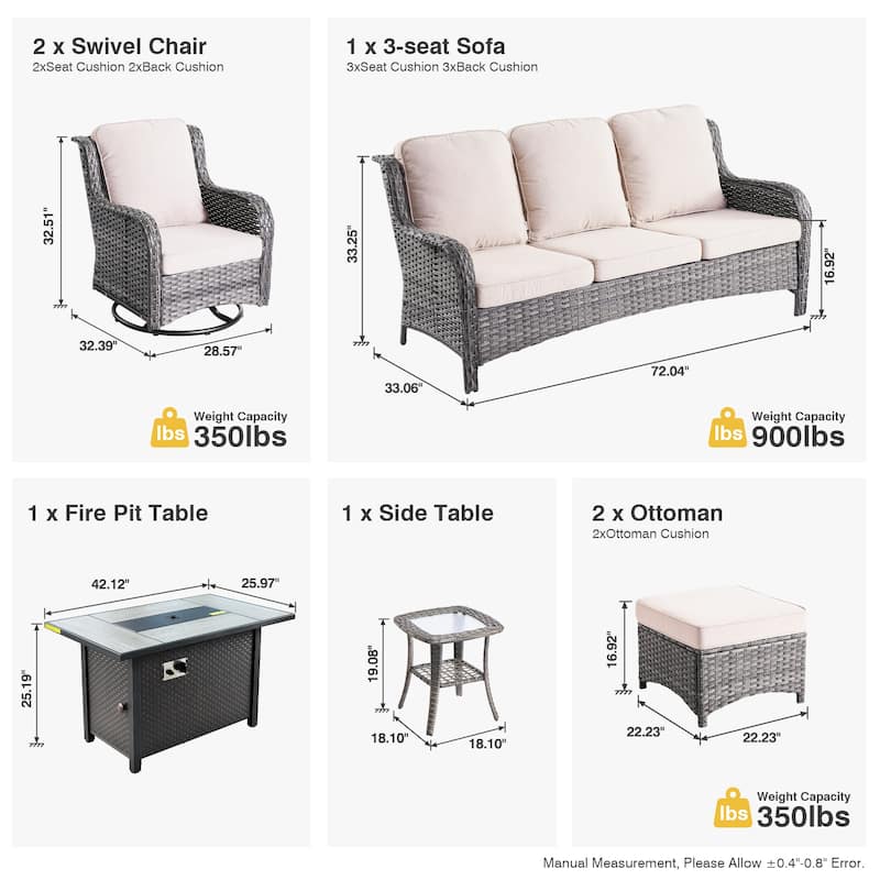 OVIOS 7-piece Patio Swivel Chair Set with 42" Fire Table