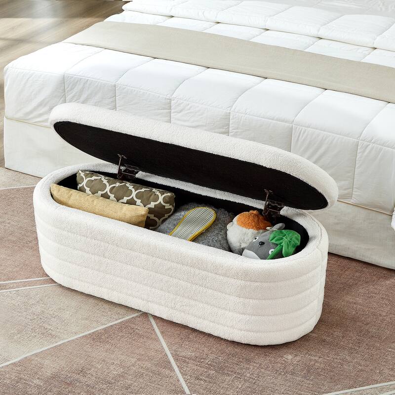 Oval Decorative Stool Lounge Stool Upholstered Seat, Exquisite Storage Bench Ottoman Bench with Safety Hinged Flap - White