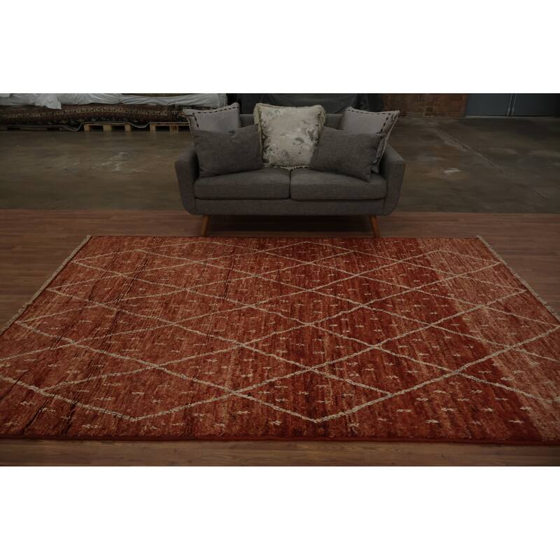 Hand Knotted Oriental 100% Wool Carpet Modern Geometric Oranges & Rust Moroccan Area Rug - 9' 10'' X 6' 8''