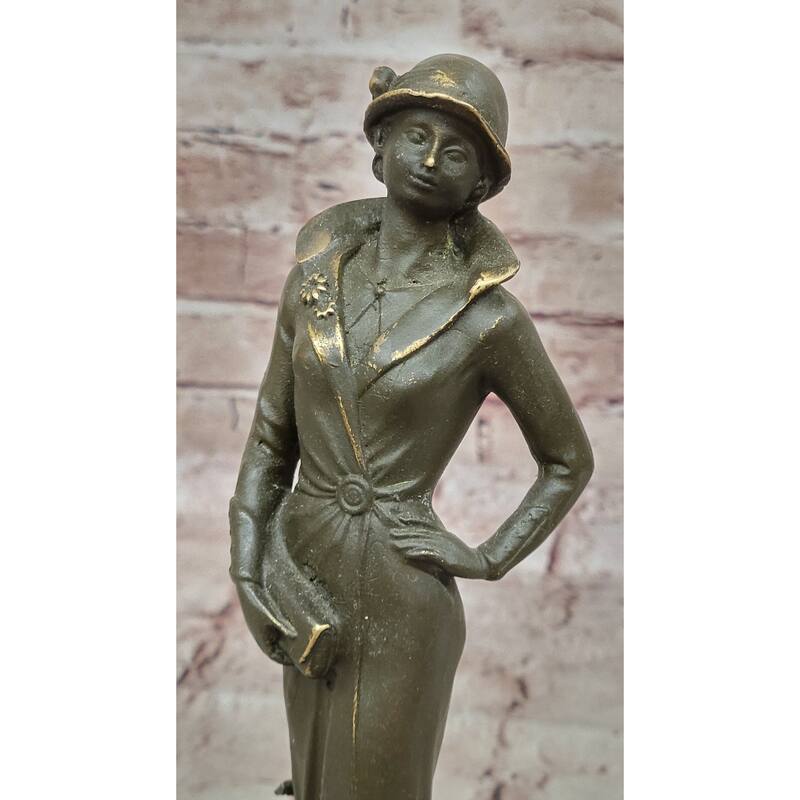 Elegant Art Deco Lady With Hat Bronze Sculpture On Marble Base