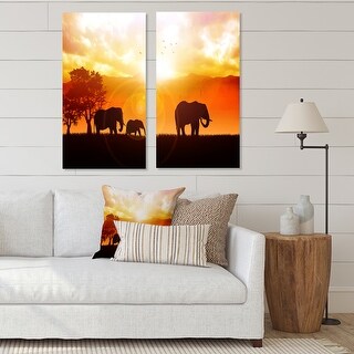 Designart "Elephants Walking At Sunset" African Canvas Wall Art Print 2 ...