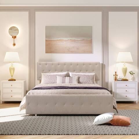 Queen Size Metal Frame Upholstered Platform Bed with 1 Footside Drawer
