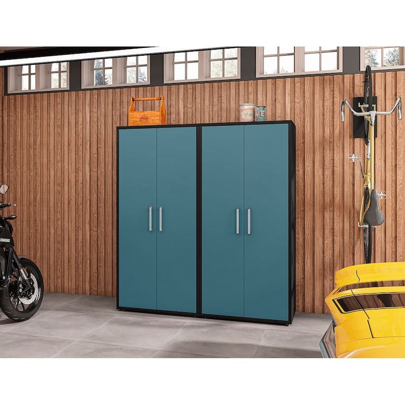 Manhattan Comfort Eiffel Storage Cabinet (Set of 2) - Matte Black and Aqua Blue