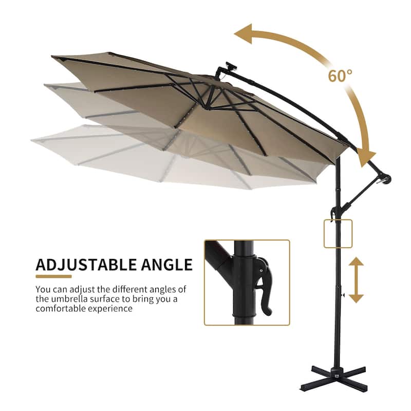 Outdoor Patio 10-Ft Solar LED Offset Hanging Umbrella