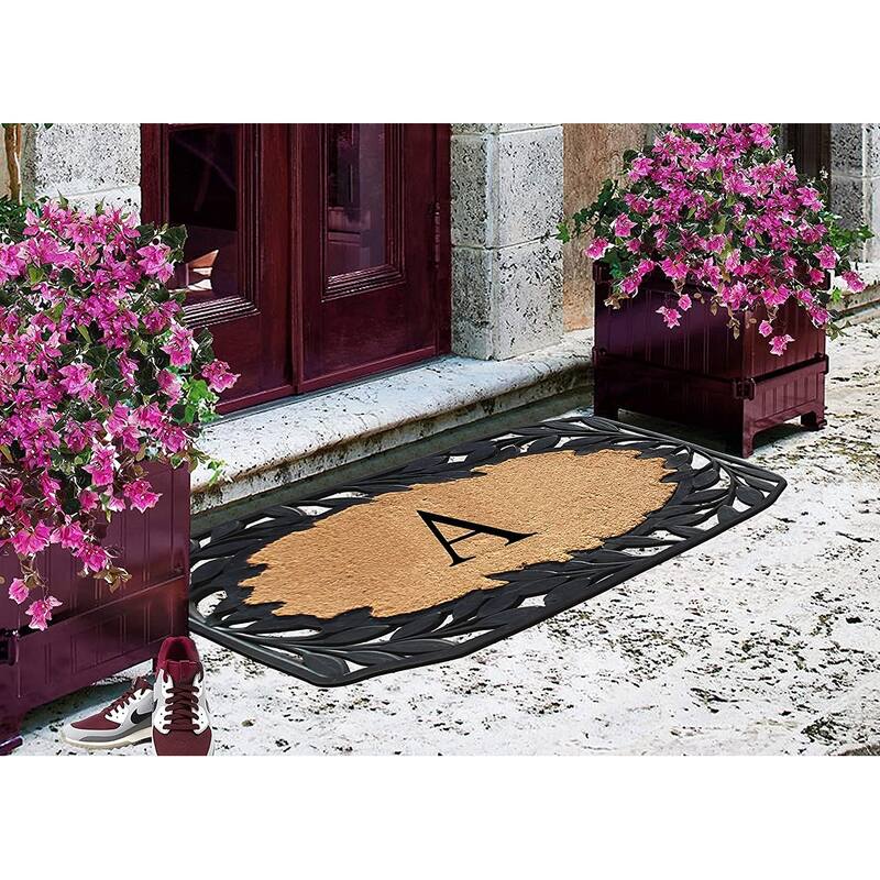 A1HC Rubber and Coir Stylish Leaf Border Large Outdoor Durable Monogrammed Doormat, Black - 23" X 38"