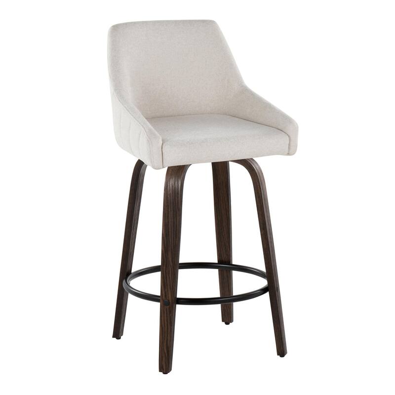 The Gray Barn Hadley 26" Fixed-Height Upholstered Counter Stool with Bent Wood Legs & Round Footrest (Set of 2) - Cream Fabric/Glazed Walnut/Black Metal