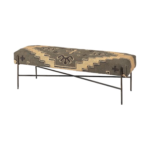 Avery I Olive & Beige Upholstered Patterned Seat Accent Bench - 55"W x 17"D x 18"H