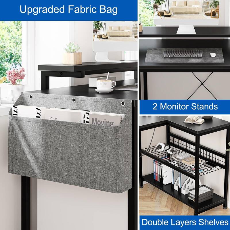 L Shaped Computer Desk with Power Outlets & LED Light, 49.6" Reversible Corner Computer Desk