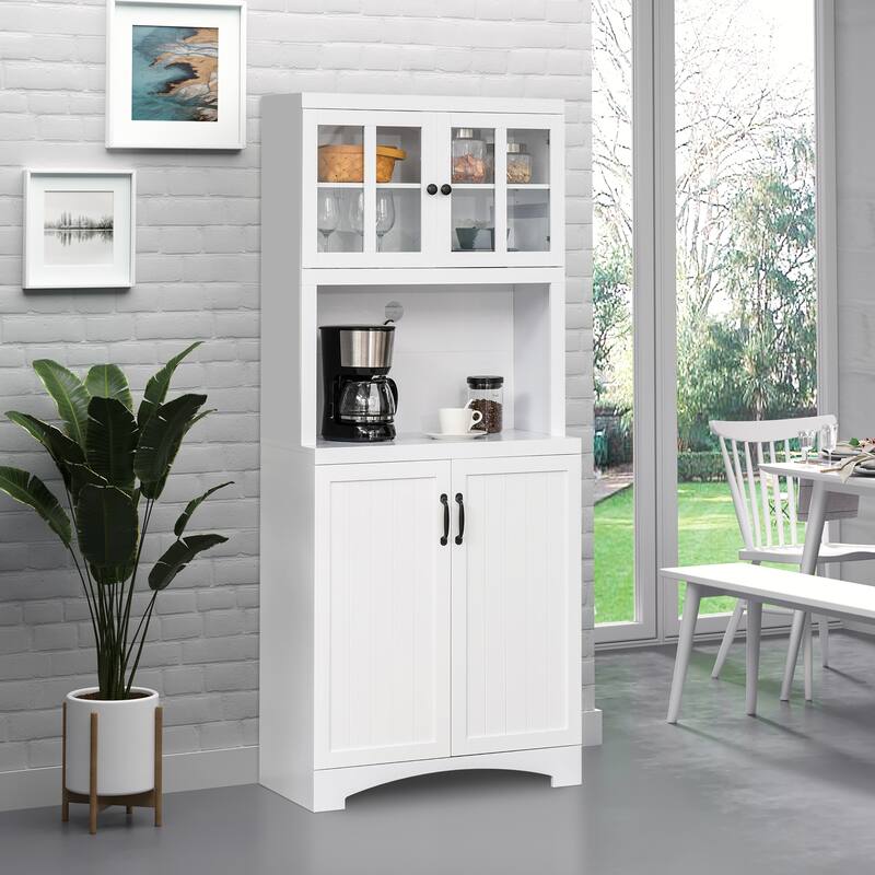 Modern Kitchen Buffet with Bead Board Doors and Adjustable Shelves Open Counter Storage - 28.75" W x 16.25" D x 70" H