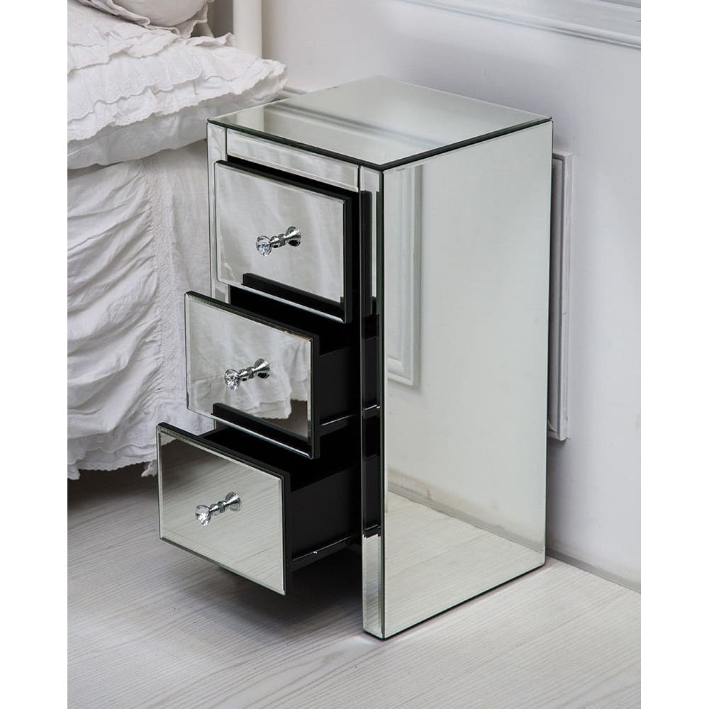 Mirrored Glass Nightstand with Three Drawers