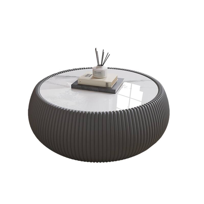 27.55" Round Coffee Table, Faux Marble Top Drum Shape Low Coffee Table, Modern Center Table with Leather Frame for Living Room