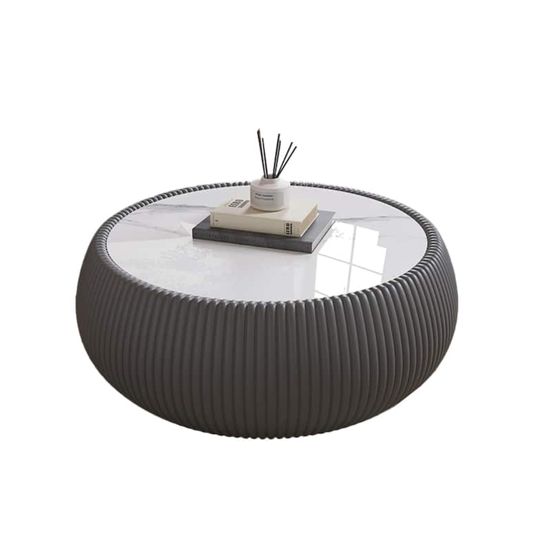 GDFStudio - Sintered Stone Top Upholstered Drum Coffee Table with Grey Pattern Round Design