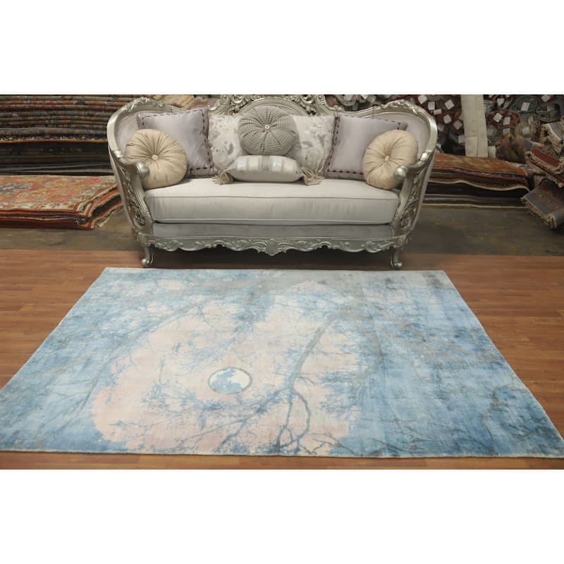 Hand-knotted Modern Silk Blue Abstract Oriental Area Rug - 7' 2'' X 5' 4''