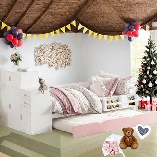 Pink Wood Platform Bed with Bookshelf,Trundle,Twin Size