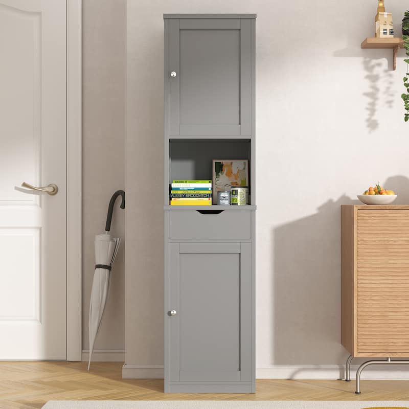 Futzca Tall Bathroom Storage Cabine, 64”H Freestanding Narrow Storage Pantry Cabinet - Grey