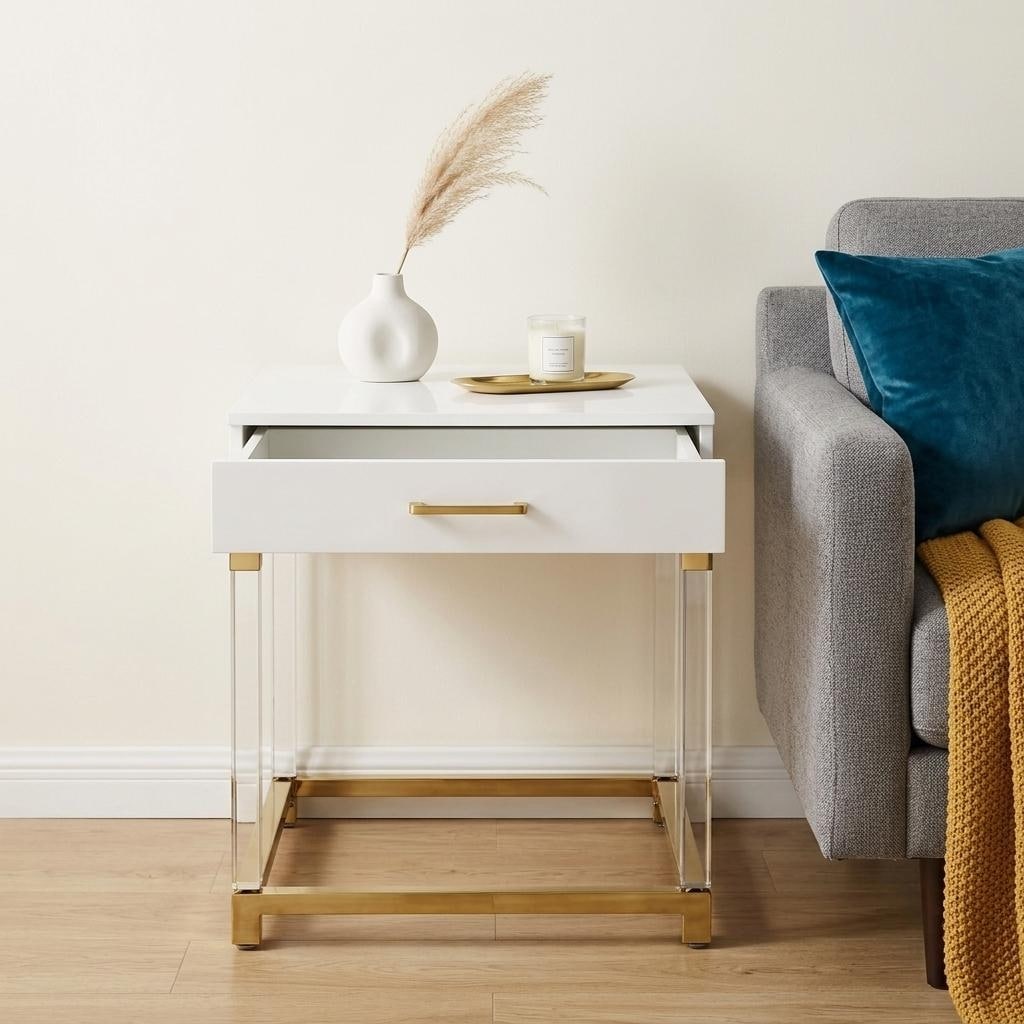 HomeRoots 24" White and Gold Wood Acrylic and Stainless Steel Square End Table With Drawer - 24.00 in. x 24.00 in. x 24.00 in.