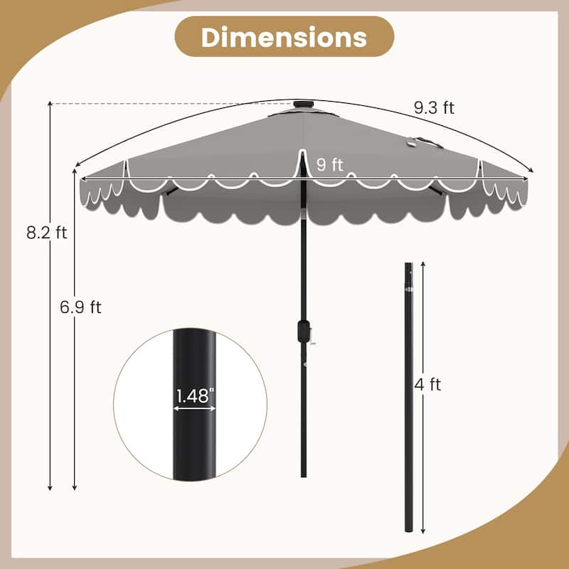9.3 FT Outdoor Patio Polyester Umbrella with Solar LED Lights and Tilt Crank Metal Frame for Garden Deck