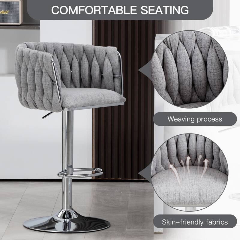 360° Swivel Fabric Cover Bar Stools Set of 2, Adjustable Height Bar Accent Chairs with Woven Back and Silver Chromed Base